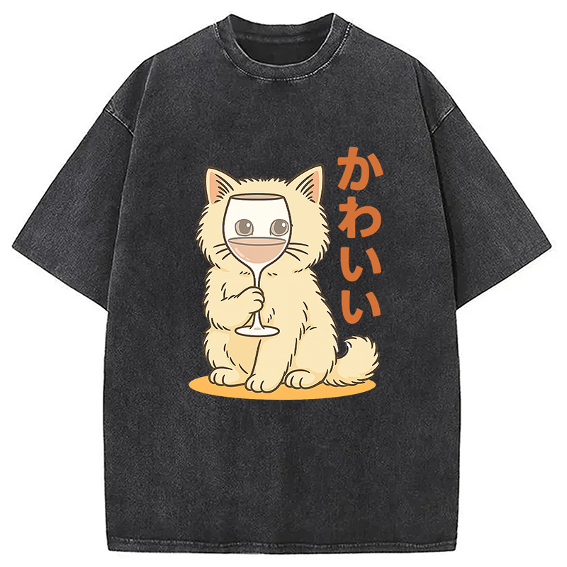 Kawaii Cat with Wine Glass Face Washed T-Shirt