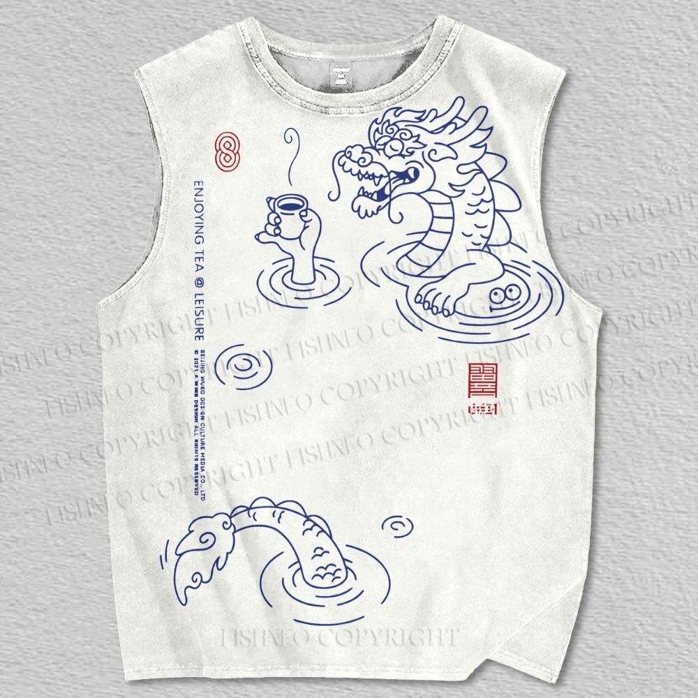 Unisex Vintage Dragon Enjoy Tea Printed Tank Top