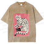 Unisex Cute Cat With Black Feet Printed Washed Tee