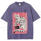 Unisex Cute Cat With Black Feet Printed Washed Tee