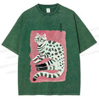 Unisex Cute Cat With Black Feet Printed Washed Tee