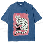 Unisex Cute Cat With Black Feet Printed Washed Tee