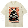 Unisex Vintage Japanese Cat Read Books Printed Washed Tee