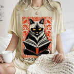 Unisex Vintage Japanese Cat Read Books Printed Washed Tee