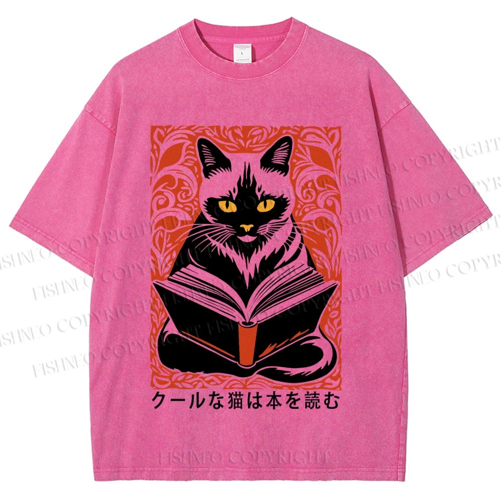 Unisex Vintage Japanese Cat Read Books Printed Washed Tee