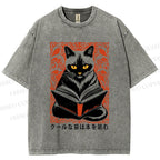 Unisex Vintage Japanese Cat Read Books Printed Washed Tee