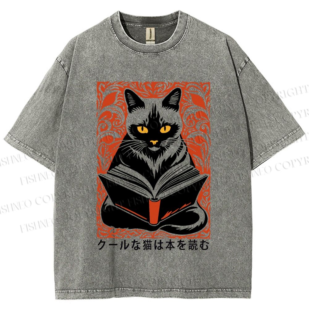 Unisex Vintage Japanese Cat Read Books Printed Washed Tee