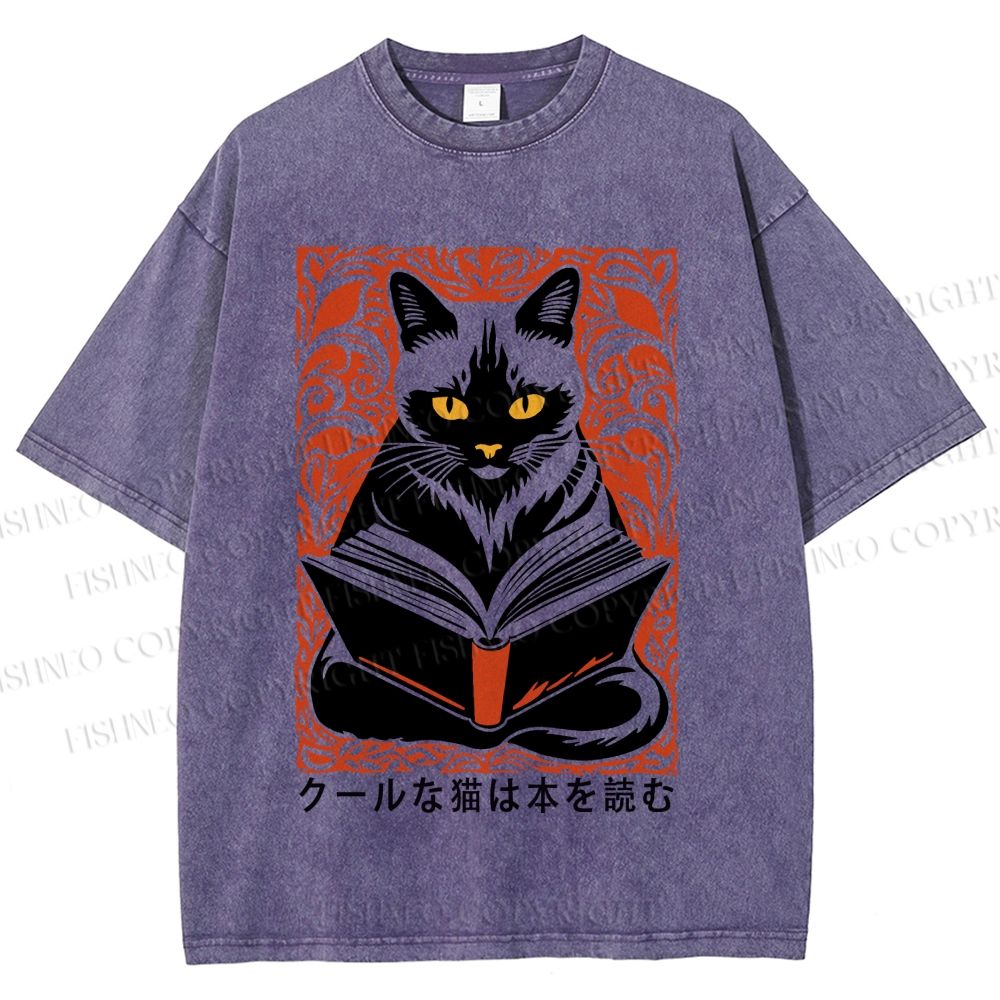 Unisex Vintage Japanese Cat Read Books Printed Washed Tee