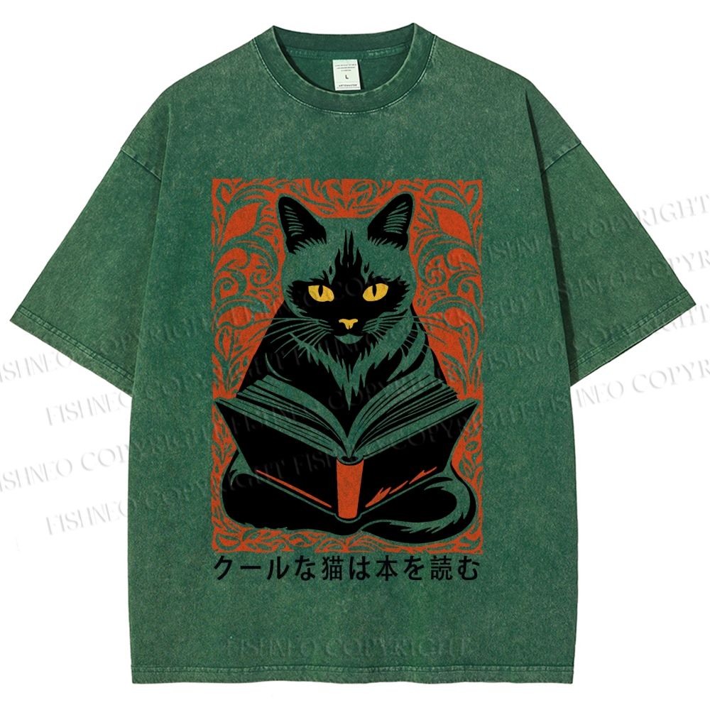 Unisex Vintage Japanese Cat Read Books Printed Washed Tee
