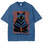 Unisex Vintage Japanese Cat Read Books Printed Washed Tee