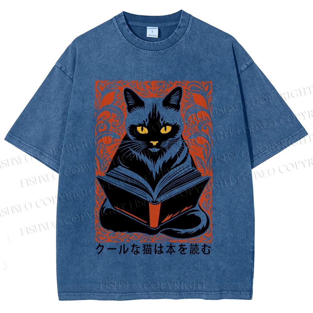 Unisex Vintage Japanese Cat Read Books Printed Washed Tee