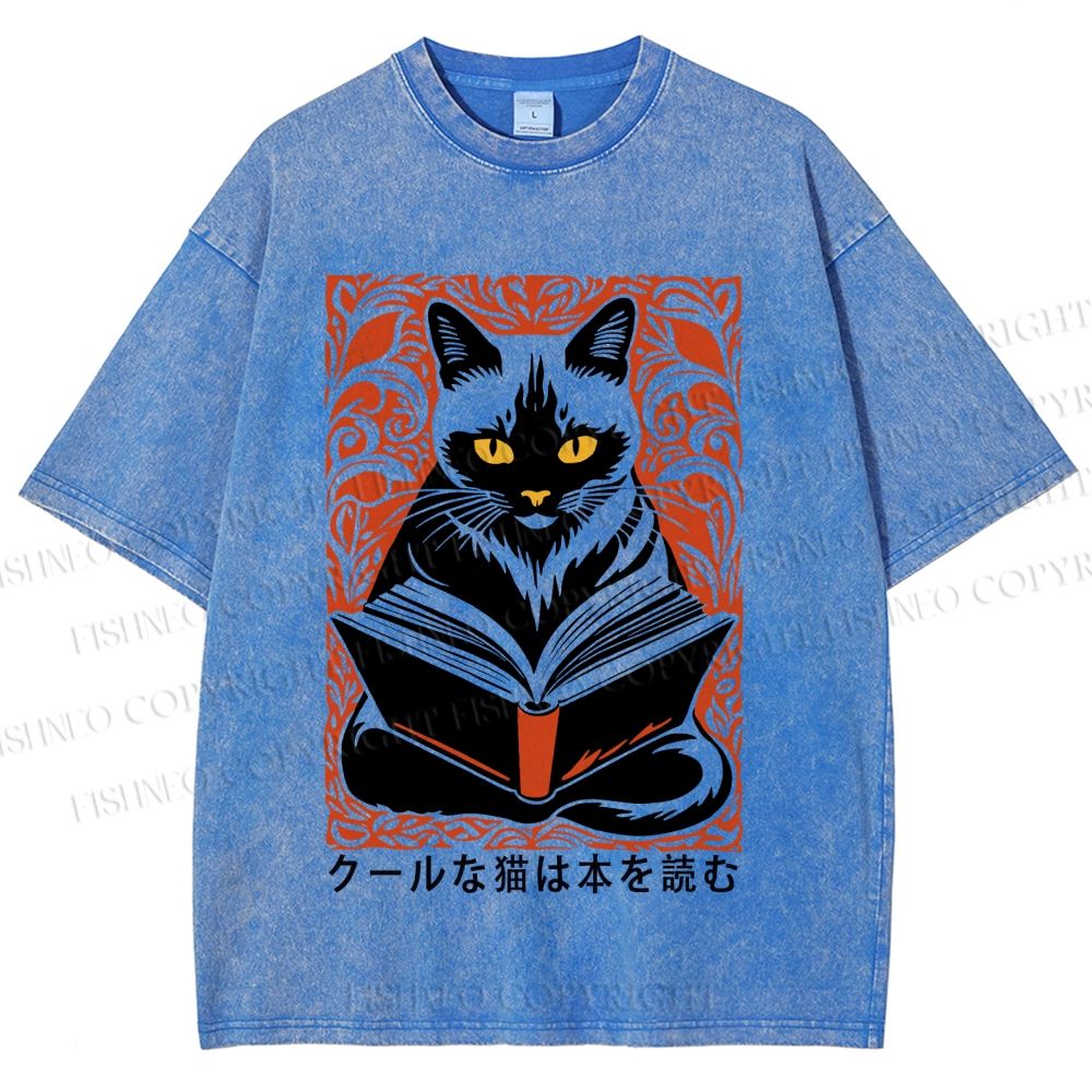 Unisex Vintage Japanese Cat Read Books Printed Washed Tee
