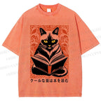 Unisex Vintage Japanese Cat Read Books Printed Washed Tee