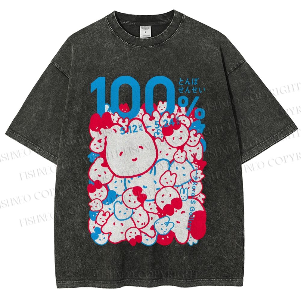 Unisex Japanese Cartoon Cat Poster Printed Washed Tee