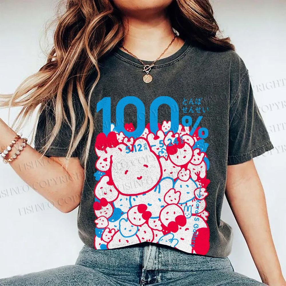 Unisex Japanese Cartoon Cat Poster Printed Washed Tee