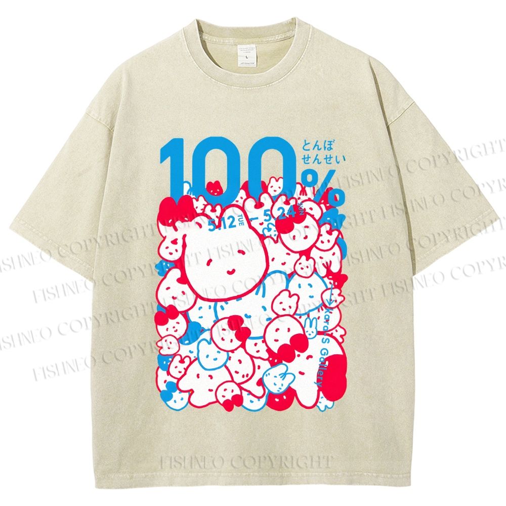 Unisex Japanese Cartoon Cat Poster Printed Washed Tee