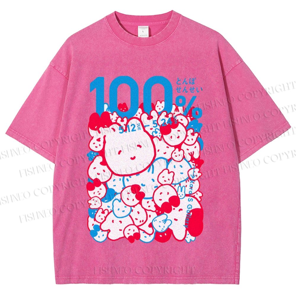 Unisex Japanese Cartoon Cat Poster Printed Washed Tee