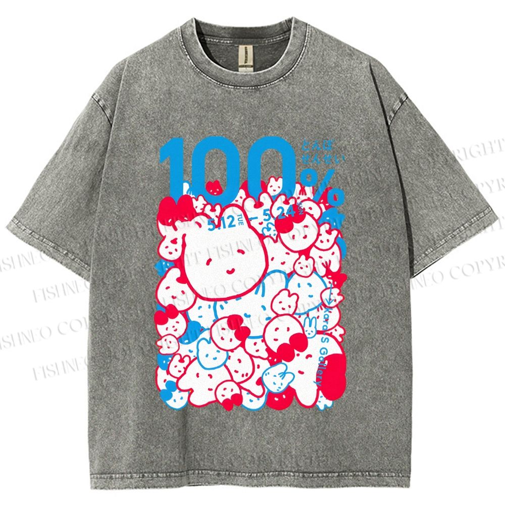 Unisex Japanese Cartoon Cat Poster Printed Washed Tee