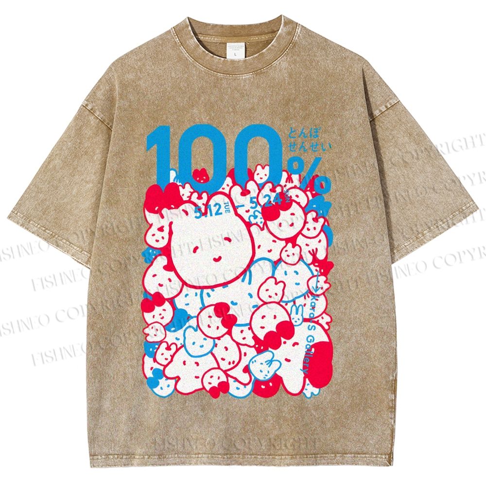 Unisex Japanese Cartoon Cat Poster Printed Washed Tee