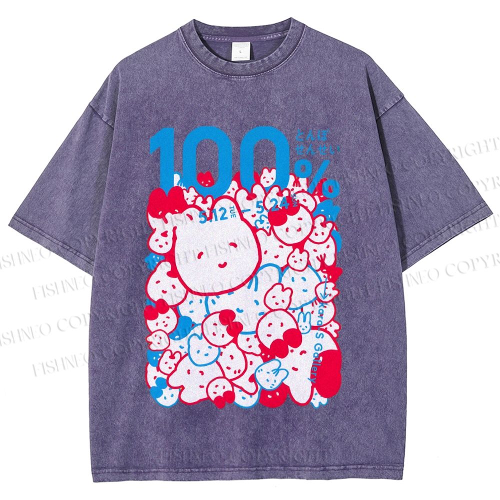 Unisex Japanese Cartoon Cat Poster Printed Washed Tee