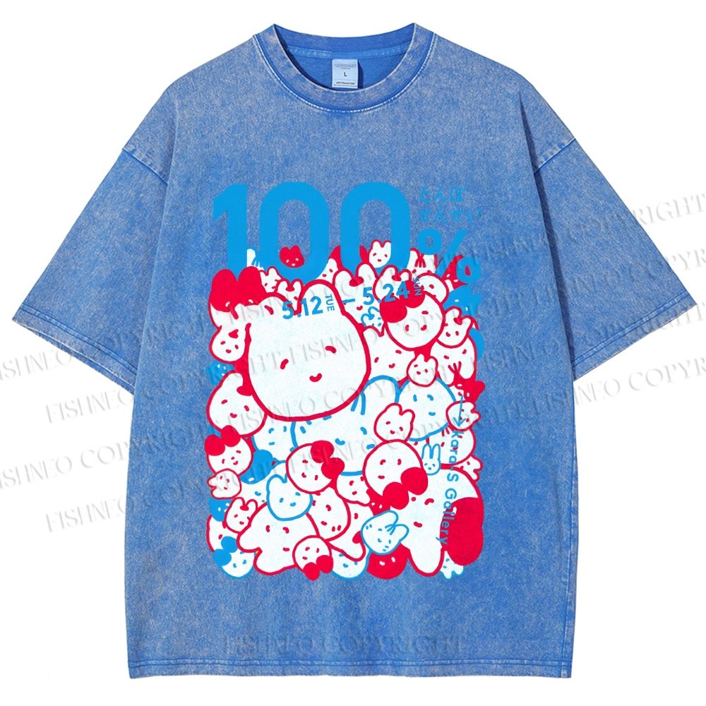 Unisex Japanese Cartoon Cat Poster Printed Washed Tee