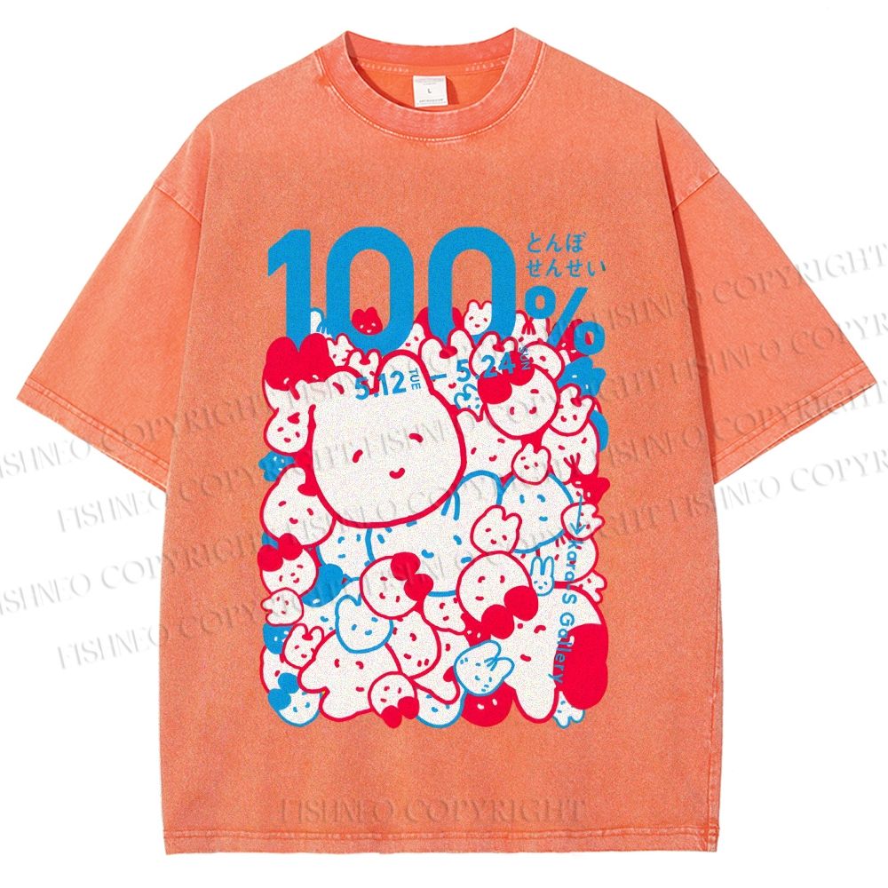 Unisex Japanese Cartoon Cat Poster Printed Washed Tee
