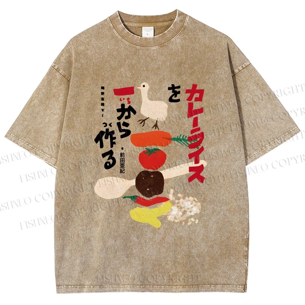 Unisex Japanese Vegetables Printed Washed Tee