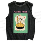 Unisex Japanese Neko Fortune Cat Printed Washed Tank Top