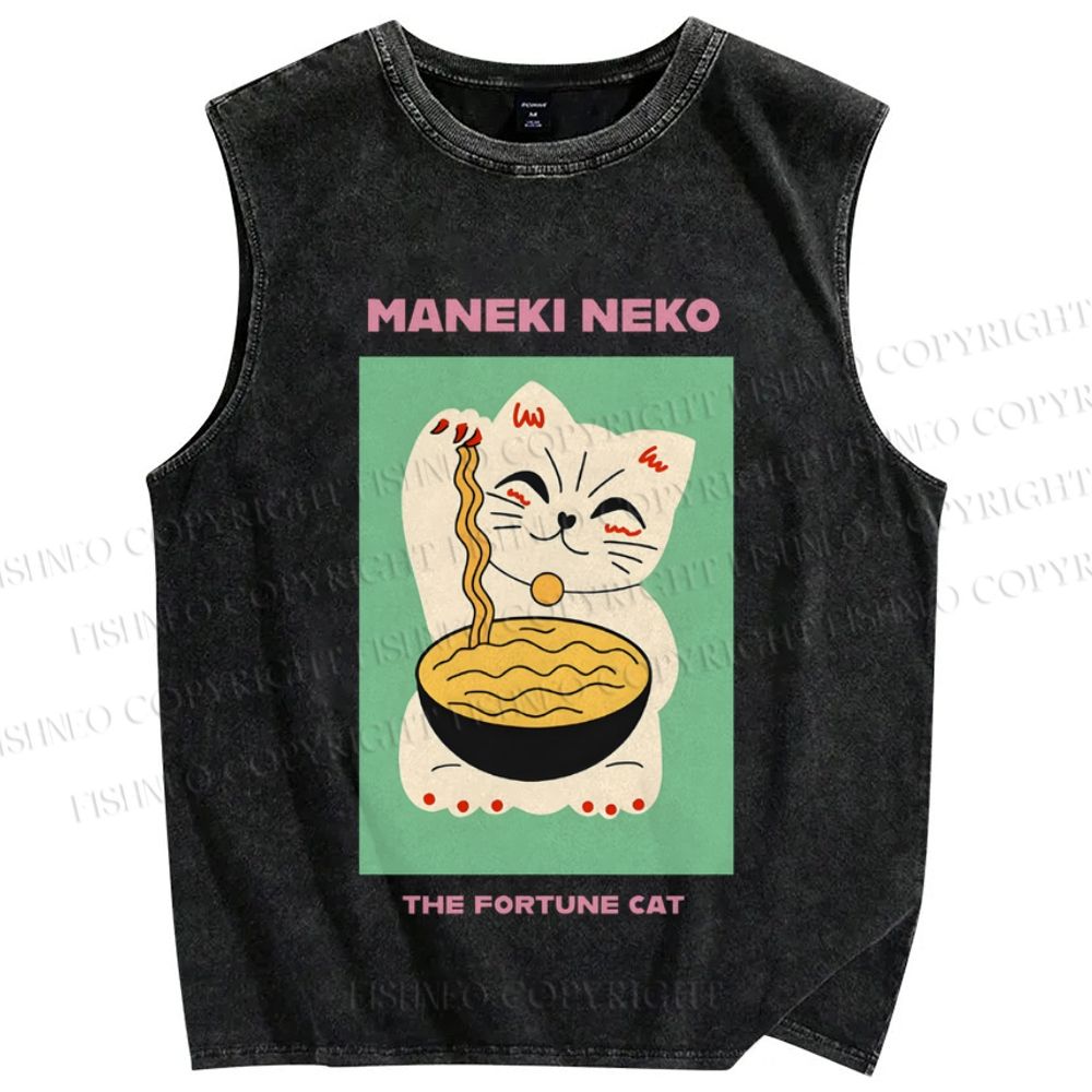 Unisex Japanese Neko Fortune Cat Printed Washed Tank Top
