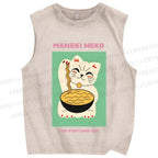 Unisex Japanese Neko Fortune Cat Printed Washed Tank Top