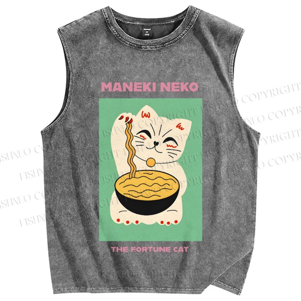Unisex Japanese Neko Fortune Cat Printed Washed Tank Top