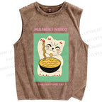 Unisex Japanese Neko Fortune Cat Printed Washed Tank Top