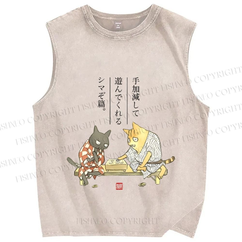 Unisex Vintage Japanese Cat Printed Washed Tank Top