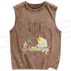 Unisex Vintage Japanese Cat Printed Washed Tank Top