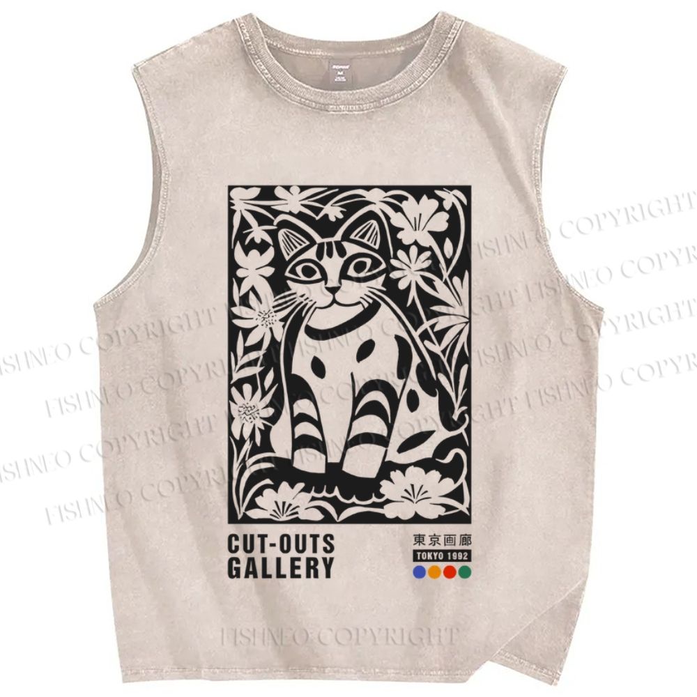 Unisex Vintage Cat Printed Washed Tank Top