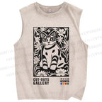 Unisex Vintage Cat Printed Washed Tank Top