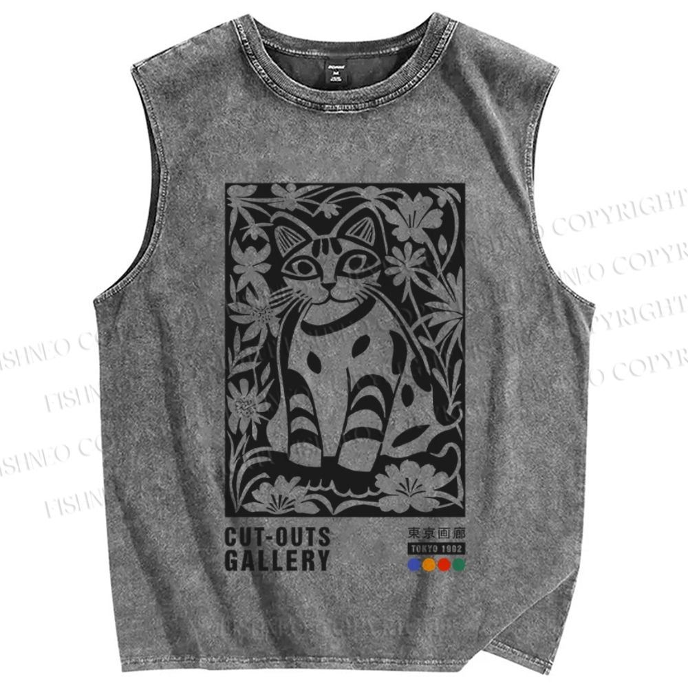 Unisex Vintage Cat Printed Washed Tank Top