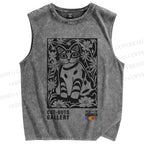 Unisex Vintage Cat Printed Washed Tank Top