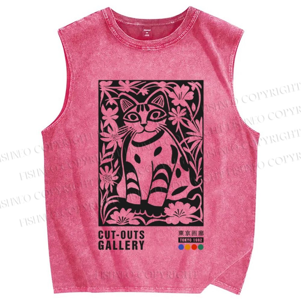 Unisex Vintage Cat Printed Washed Tank Top