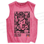 Unisex Vintage Cat Printed Washed Tank Top