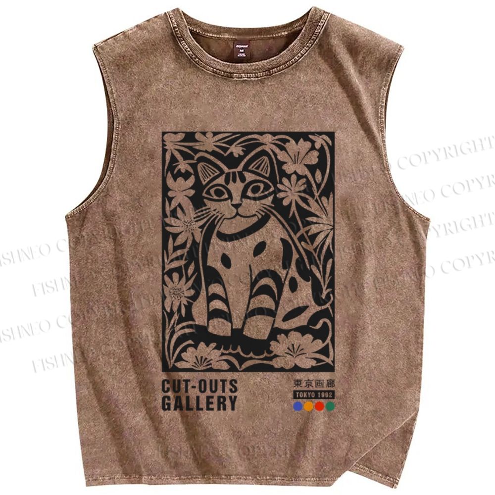 Unisex Vintage Cat Printed Washed Tank Top