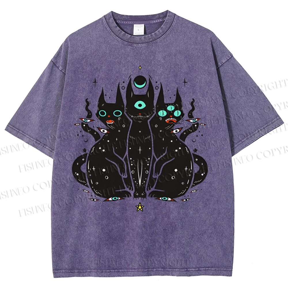 Unisex Cat With Artistic Eyes Printed Washed Tee
