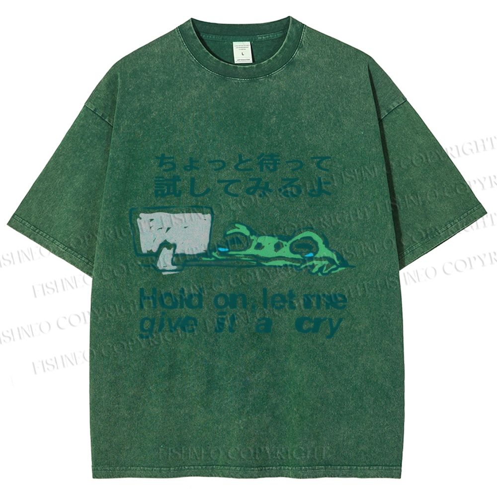 Unisex Silly Frog Hold On Let Me Give It A Cry Printed Washed Tee
