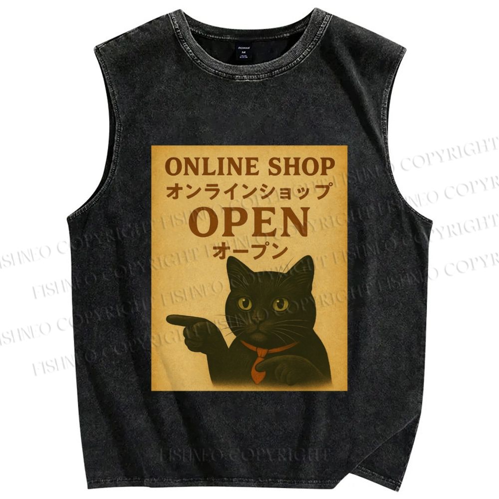 Unisex Online Shop Cat Printed Washed Tank Top