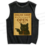 Unisex Online Shop Cat Printed Washed Tank Top