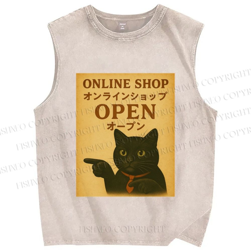 Unisex Online Shop Cat Printed Washed Tank Top