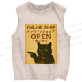 Unisex Online Shop Cat Printed Washed Tank Top