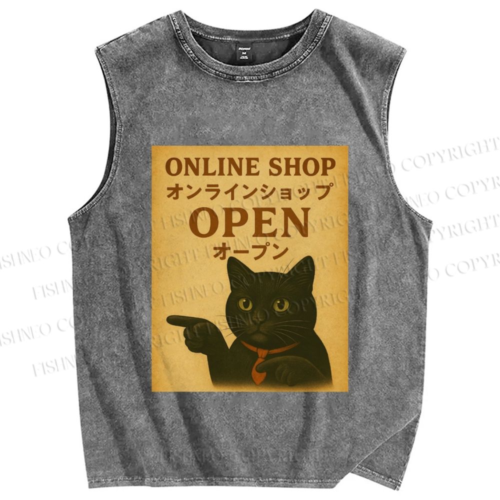 Unisex Online Shop Cat Printed Washed Tank Top