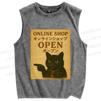 Unisex Online Shop Cat Printed Washed Tank Top