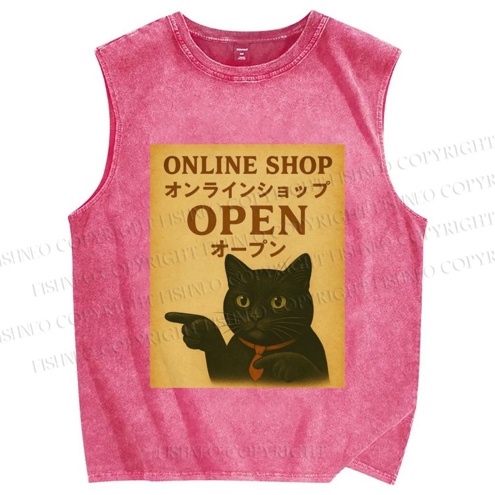 Unisex Online Shop Cat Printed Washed Tank Top